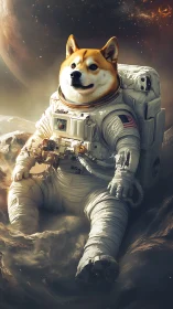 Dog-headed astronaut rests on dusty alien moon surface