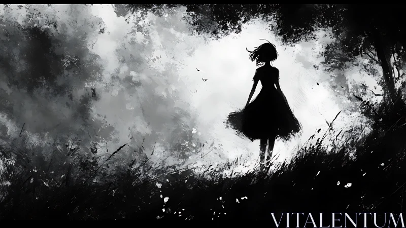 Solitary girl in a windswept meadow softly greets the storm