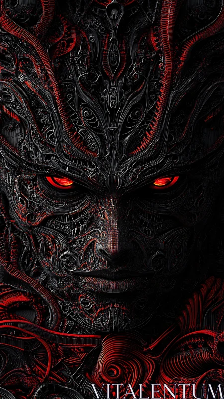 Mechanical biomorphic face with red illuminated details.