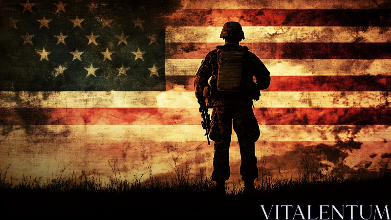 Silhouetted soldier guarding a weathered, burning-toned flag.