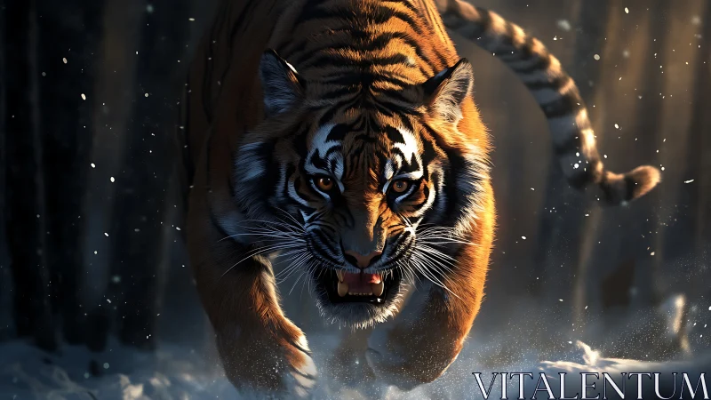 Tiger in motion across snowy forest terrain at dusk light.