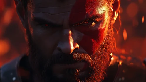 Cinematic warrior close-up with red warpaint and ember glow