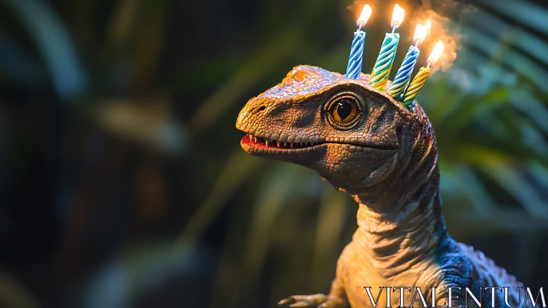 Dinosaur with lit birthday candles headpiece against blurred background