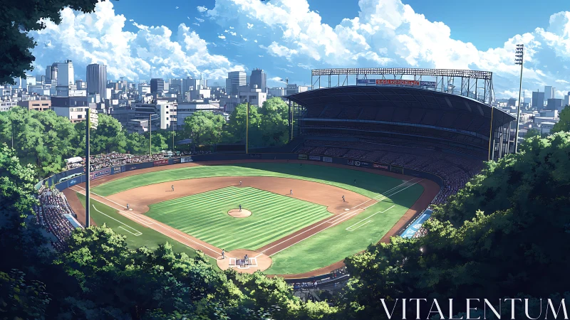 Anime stadium panorama with urban skyline and lush framing.
