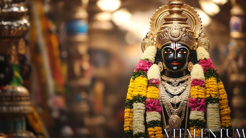 Photorealistic temple idol portrait with floral garlands and bokeh.
