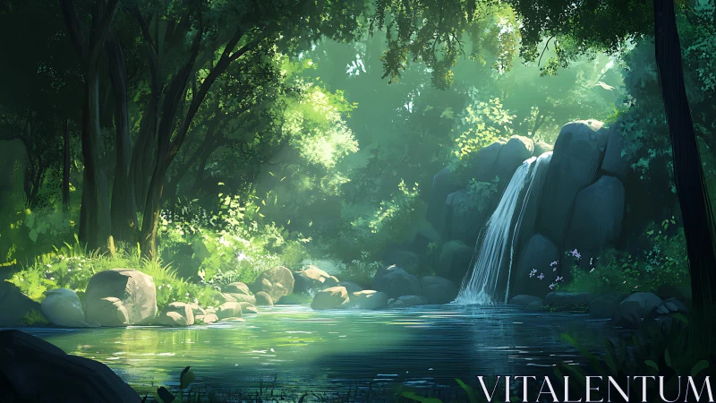 Sunlit Waterfall Pool in Emerald Forest