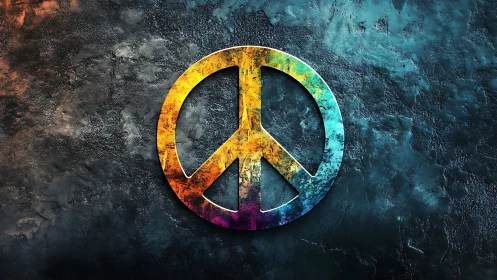 Prismatic peace emblem glowing against stormy stone wall.