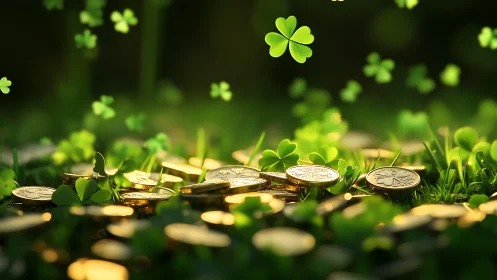 Golden coins sparkle among shamrocks in soft spring light