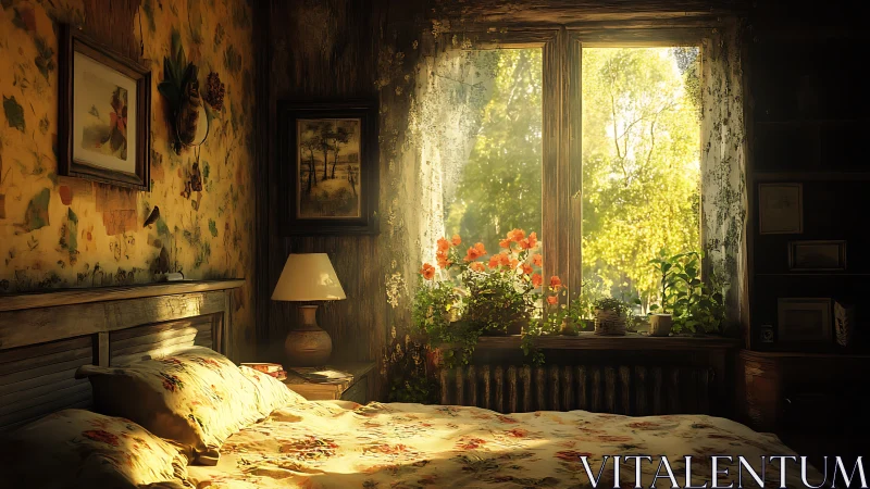 Sunlit floral bedroom interior with bright garden view