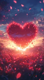 Glowing Heart Aflame: Digital Fantasy Over Enchanted Field