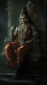 Regal deity seated on ornate throne under low directional lighting