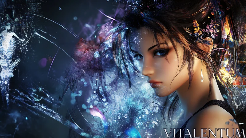 Digital portrait of ethereal woman amid luminous abstract bloom