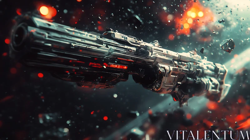 Futuristic starship traveling through debris field in space.