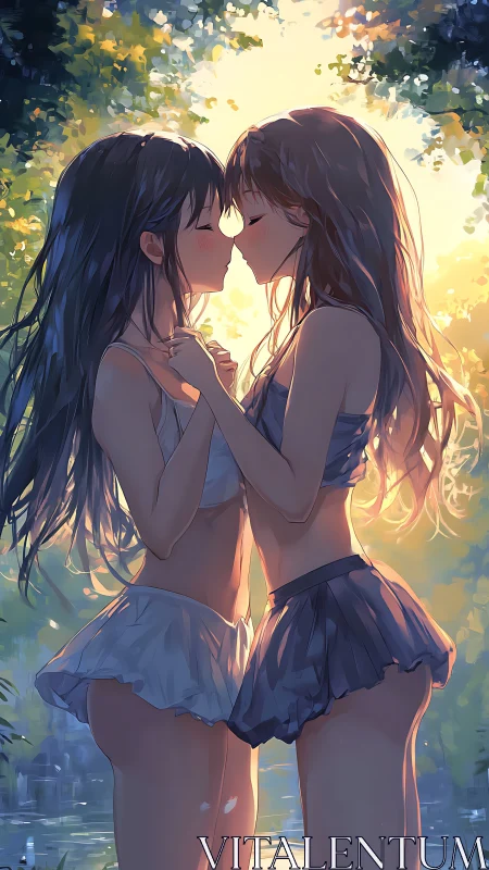 Sunlit anime couple sharing intimate forest embrace.