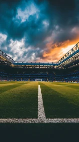 Football stadium pitch under dramatic sunset sky view.