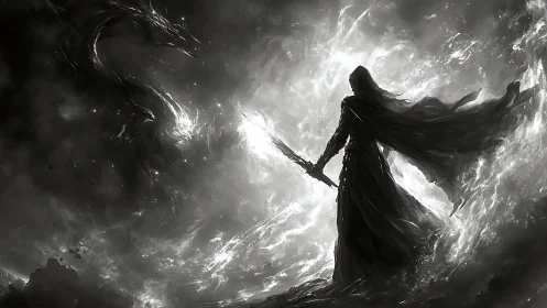 Hooded warrior confronts spectral dragon in stormy void.