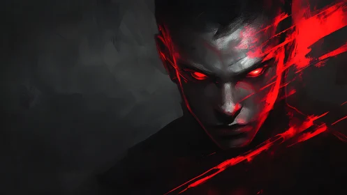 Crimson gaze carves through shadow like a silent lightning strike