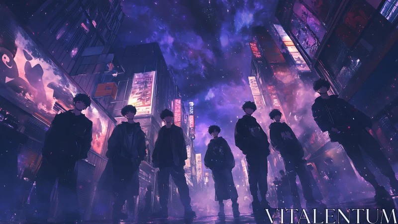 Cyberpunk street collective under neon-saturated night sky.