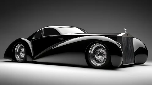 Streamlined black luxury coupé rendered in dramatic studio lighting