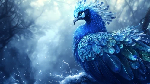 Majestic Blue Peacock in Enchanted Forest, Fantasy Digital Art.