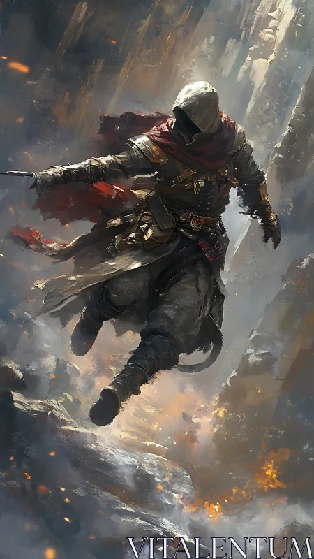 Hooded rogue leaps through firelit cliffs with quiet resolve