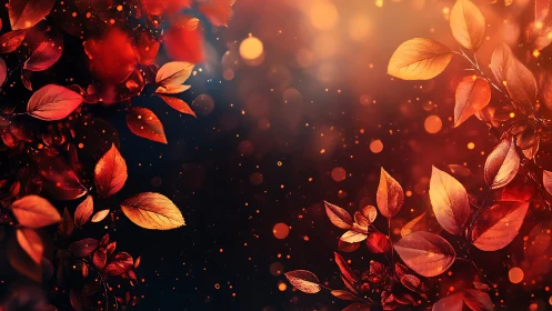 Glowing autumn leaves drift through warm twilight bokeh