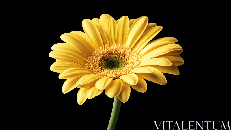 Yellow gerbera daisy glows against deep black background.