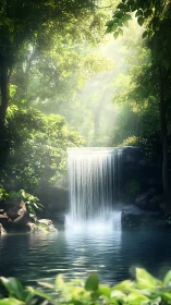 Emerald hush waterfall cradled in sunlit jungle stillness.