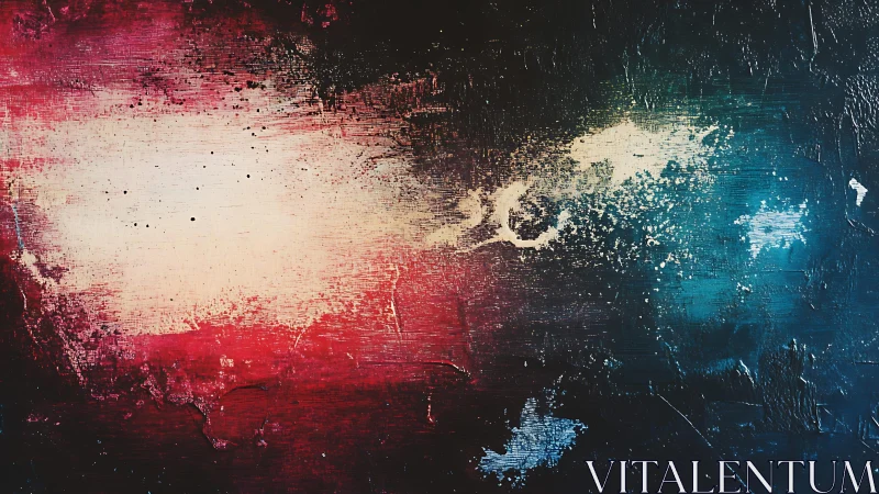 Abstract textured painting with red, blue, and white color blending.