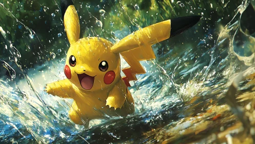 Electric creature sprinting through luminous forest water.