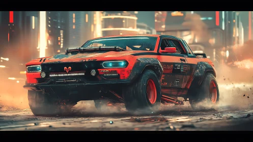 Night streets roar as a rugged orange racer storms ahead