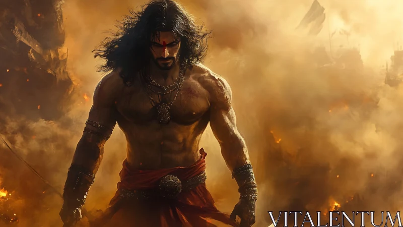 Warrior figure in smoke-filled battlefield environment.