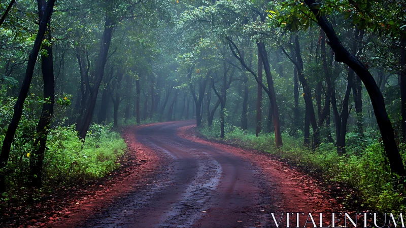 Forest Path With Atmospheric Perspective And Radial Symmetry.