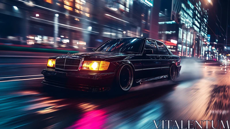 Midnight drift sedan under neon city lights in motion blur.