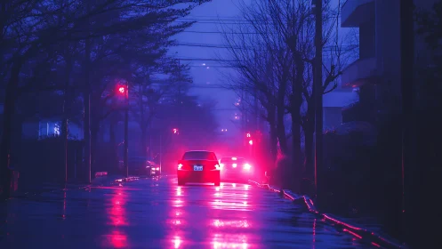 Neon backlit sedan on wet urban street under foggy blue hour