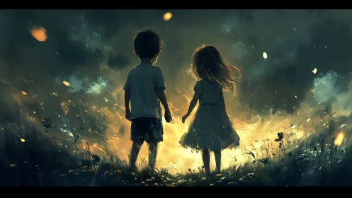 Two Children Hold Hands Through Apocalyptic Light.