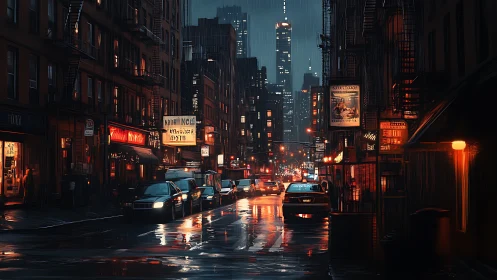 Rain soaked neon city street with taxis at night.