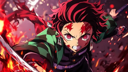 Battle-scarred swordsman lunges forward through flaming arc.