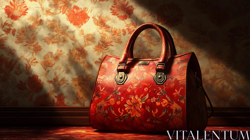 Floral red leather handbag glows in a warm vintage spotlight