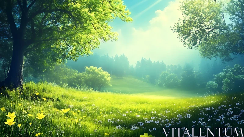 Sunlit Meadow Framed by Ancient Trees.