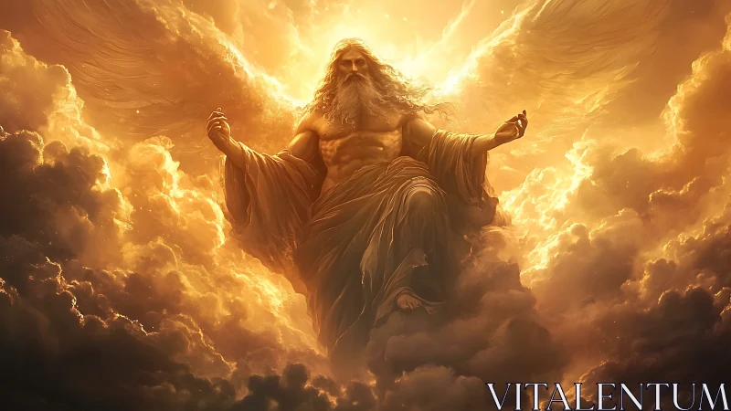Celestial robed deity emerges from radiant clouds in golden light