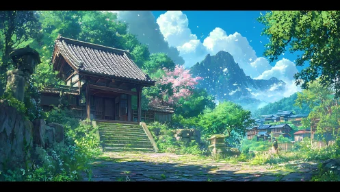 Mountain shrine entrance in lush spring village landscape.