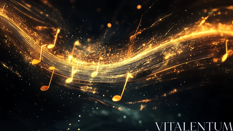 Golden music notes on glowing wave over dark background.
