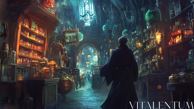 Wizard explores glowing arcane apothecary under vaulted arches.