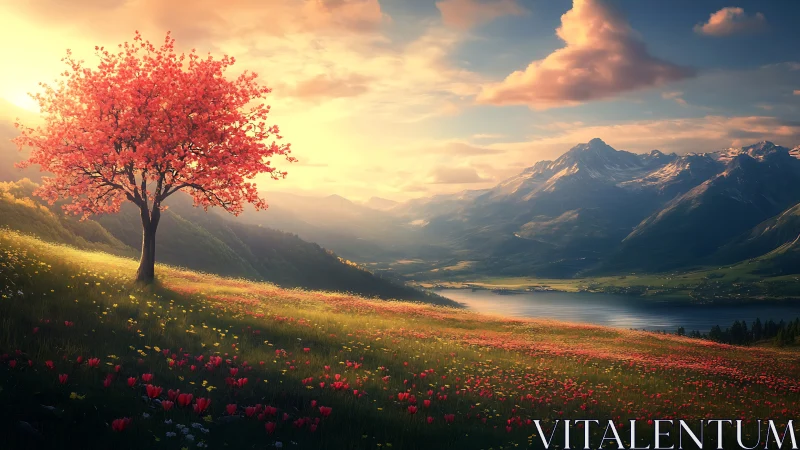 Pink-blossomed tree stands on sunlit meadow above mountain lake