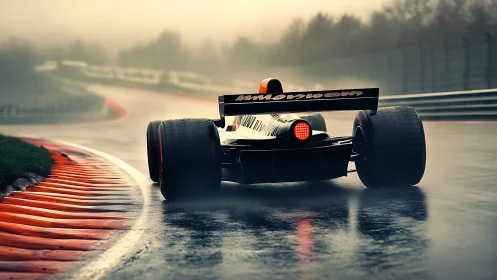 Sleek race car carving through a misty, rain-soaked circuit.