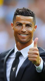 Smiling suited man flashes bold thumbs up of approval.