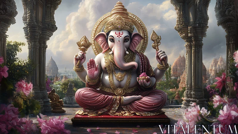 Golden Ganesha in a blooming temple courtyard at dawn.