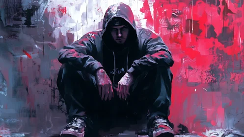Hooded figure seated against abstract red and gray wall.