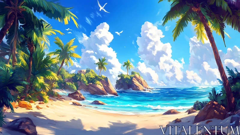Tropical Island Paradise: Digital Illustration.